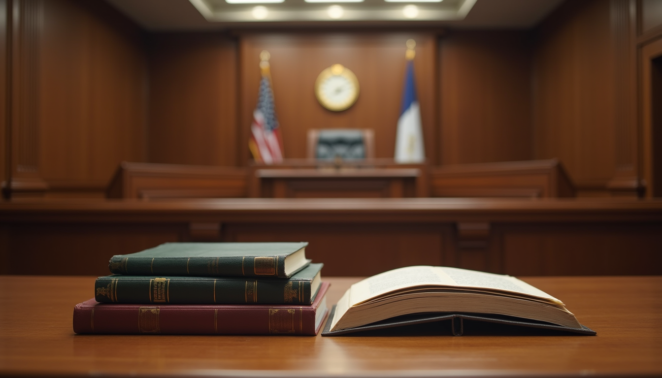 Eye-level view of a courtroom set with legal books and a judge's bench