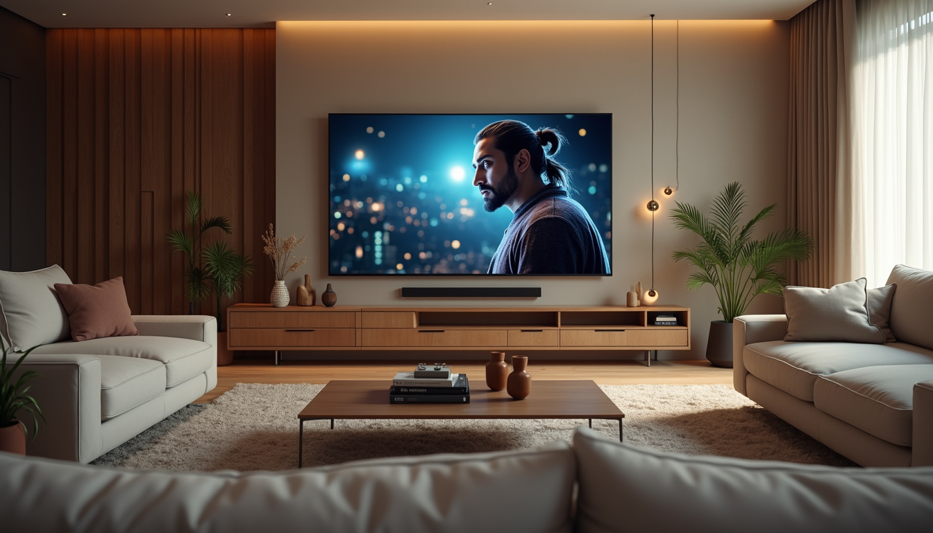 Eye-level view of a modern living room with a large smart TV displaying a Hindi movie streaming interface