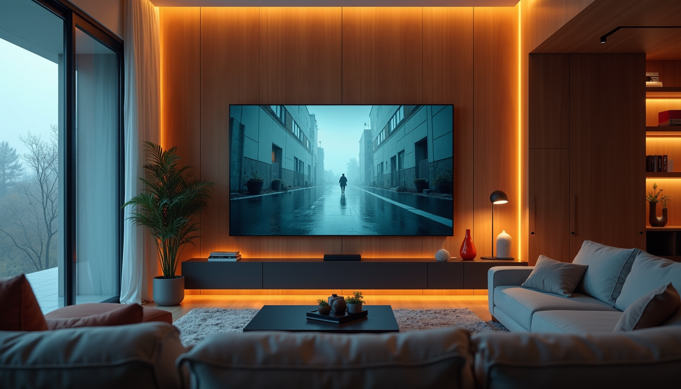 Eye-level view of a modern living room with a large TV screen displaying a movie scene