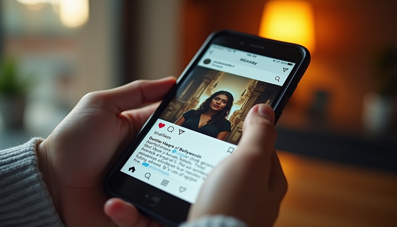 Close-up view of a smartphone displaying a social media feed related to Bollywood