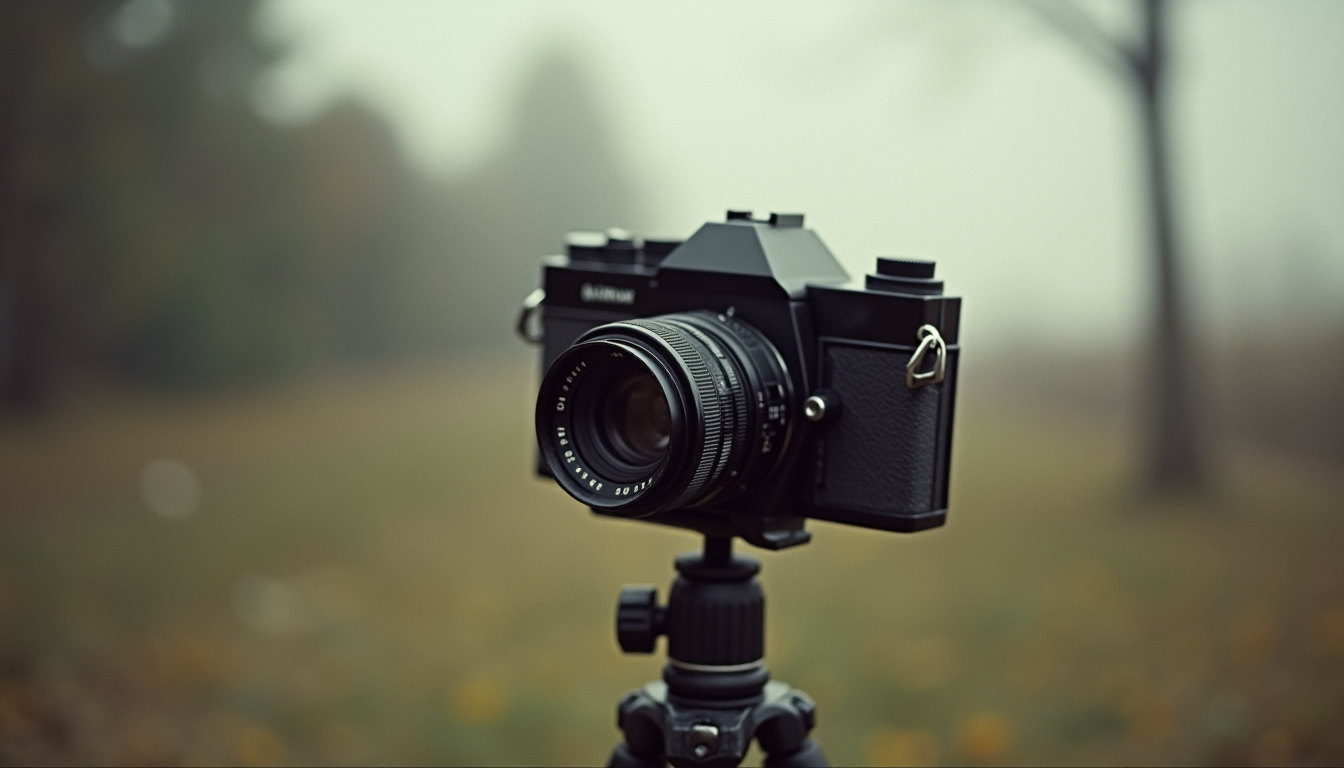 Eye-level view of a vintage film camera on a tripod