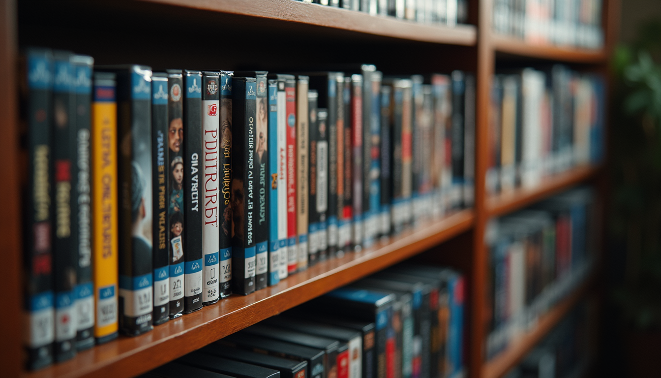 High angle view of a bookshelf filled with DVDs and Blu-rays, symbolizing diverse movie content
