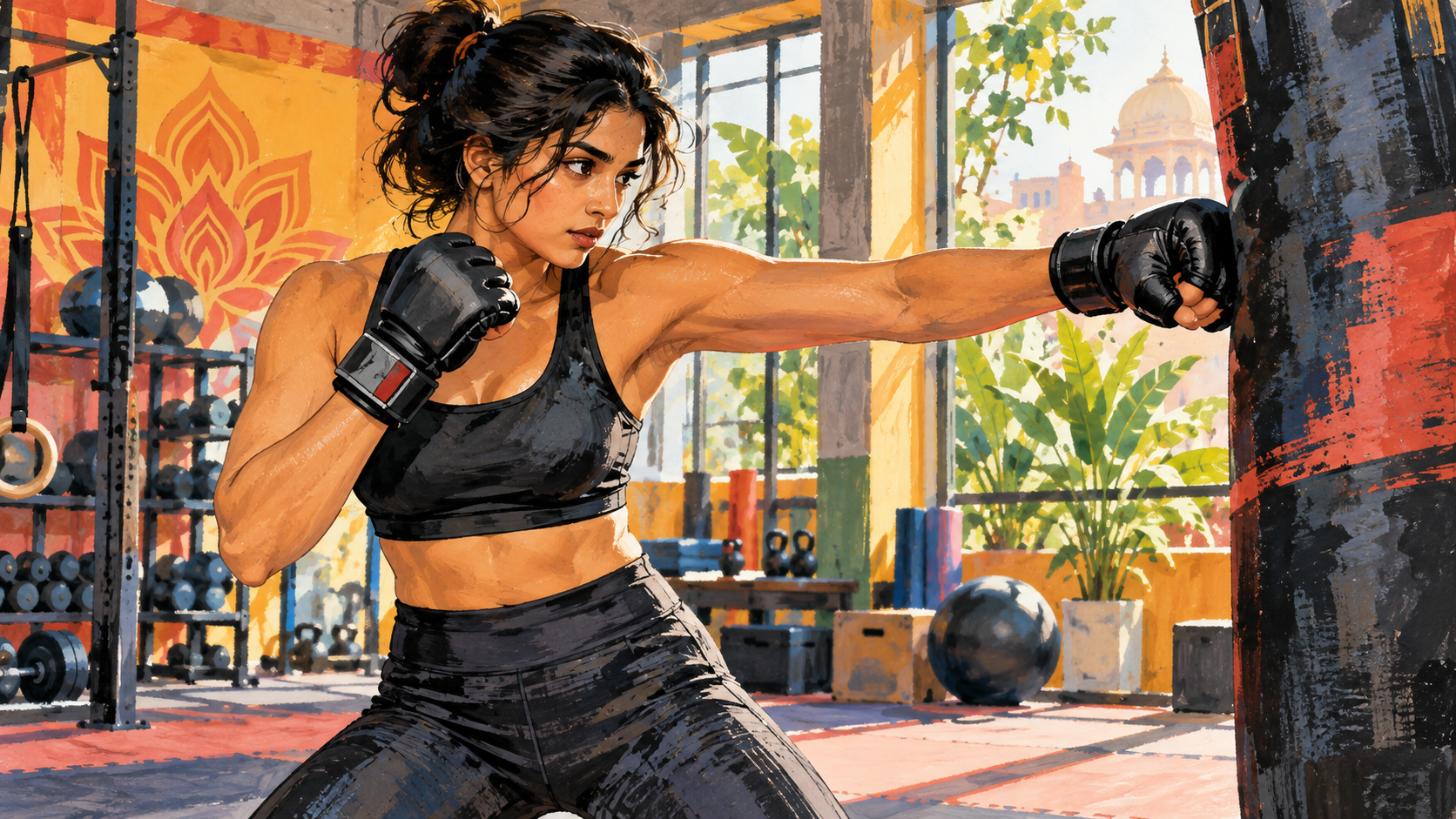 AI editorial illustration: Anonymous Indian woman training mixed martial arts with padded gloves and a punching bag in a bright gym, disciplined nonviolent fitness.