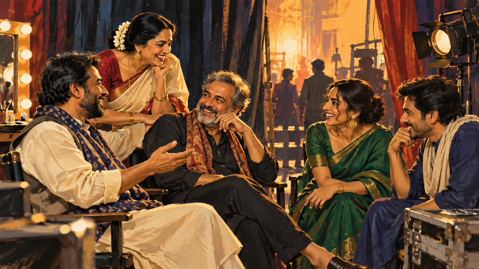 AI editorial illustration: Film ensemble friendship: mature Indian performers chatting with camaraderie near backstage curtains, warm stage light, no named likenesses.