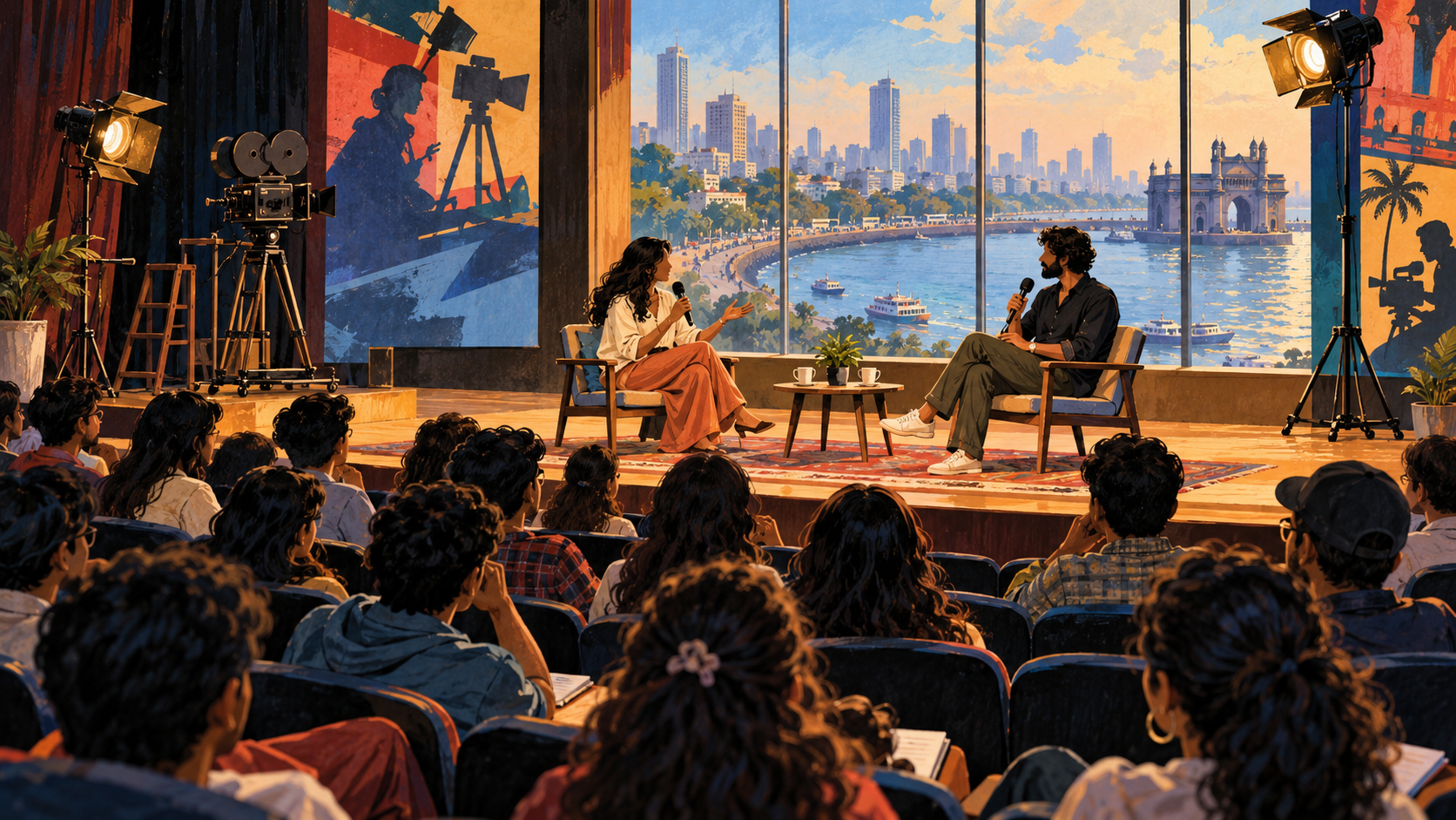 AI editorial illustration: A filmmaking masterclass in a Mumbai auditorium, two anonymous speakers with microphones seated facing an attentive student audience, creative learning.