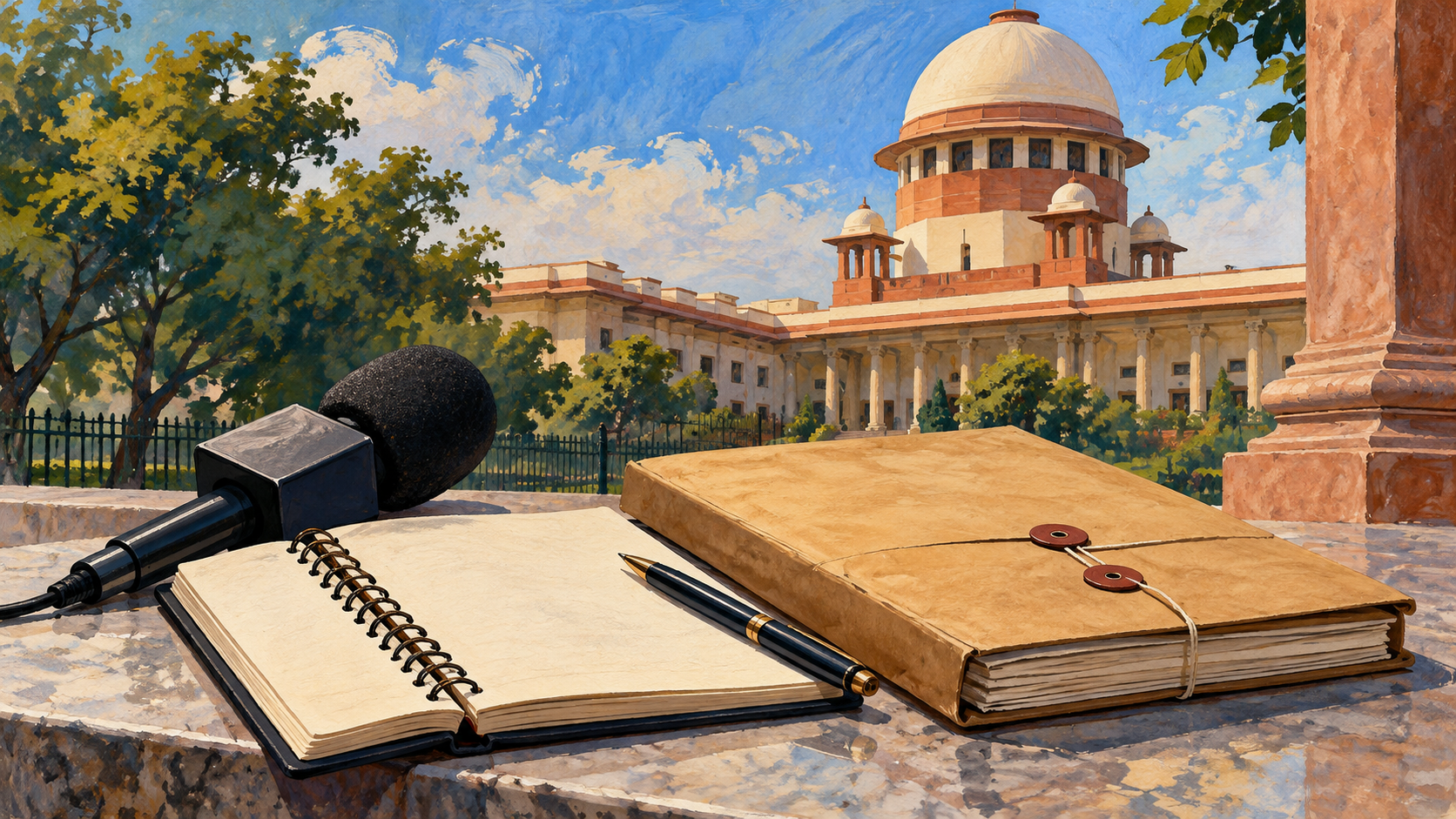 AI editorial illustration: Neutral news-reporting still life: reporter notebook with blank pages, microphone, sealed plain case folder and courthouse exterior in background; complaint and due process, no people, weapons, assault, kidnapping or implied guilt.