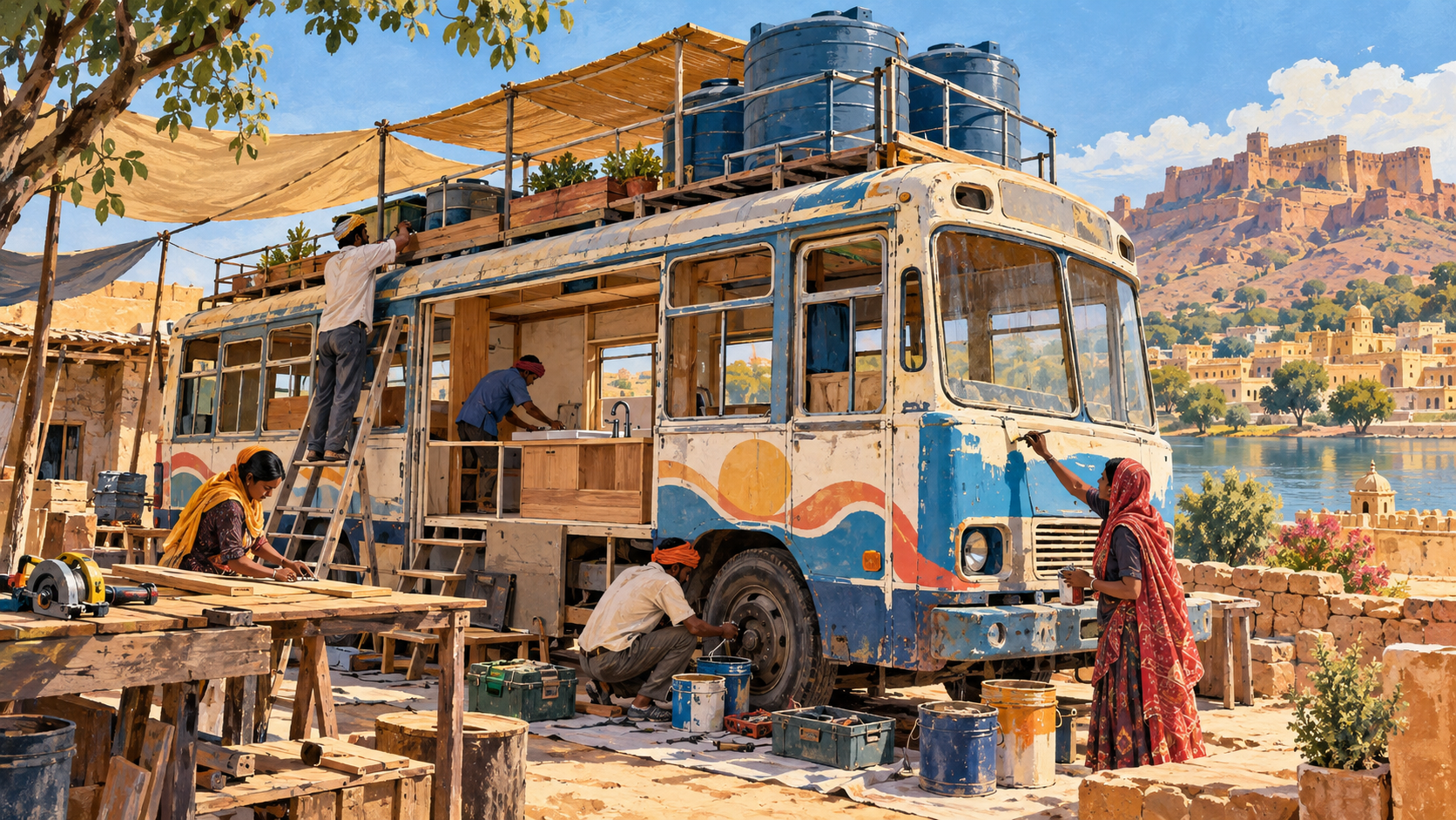 AI editorial illustration: A workshop converting an old bus into useful community infrastructure, anonymous team repairing it, tools and water tanks, Rajasthan backdrop.