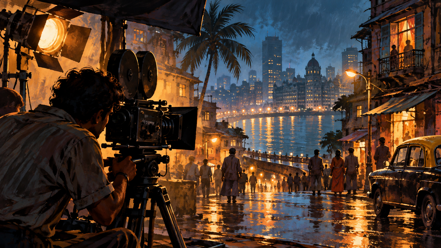 AI editorial illustration: A visibly fictional 1980s Mumbai crime-drama atmosphere seen through a filmmaking lens: rainlit city lane and distant anonymous shadowed figures, vintage camera in foreground and dramatic lighting, no weapons, killings, abuse or depiction of actual crimes.