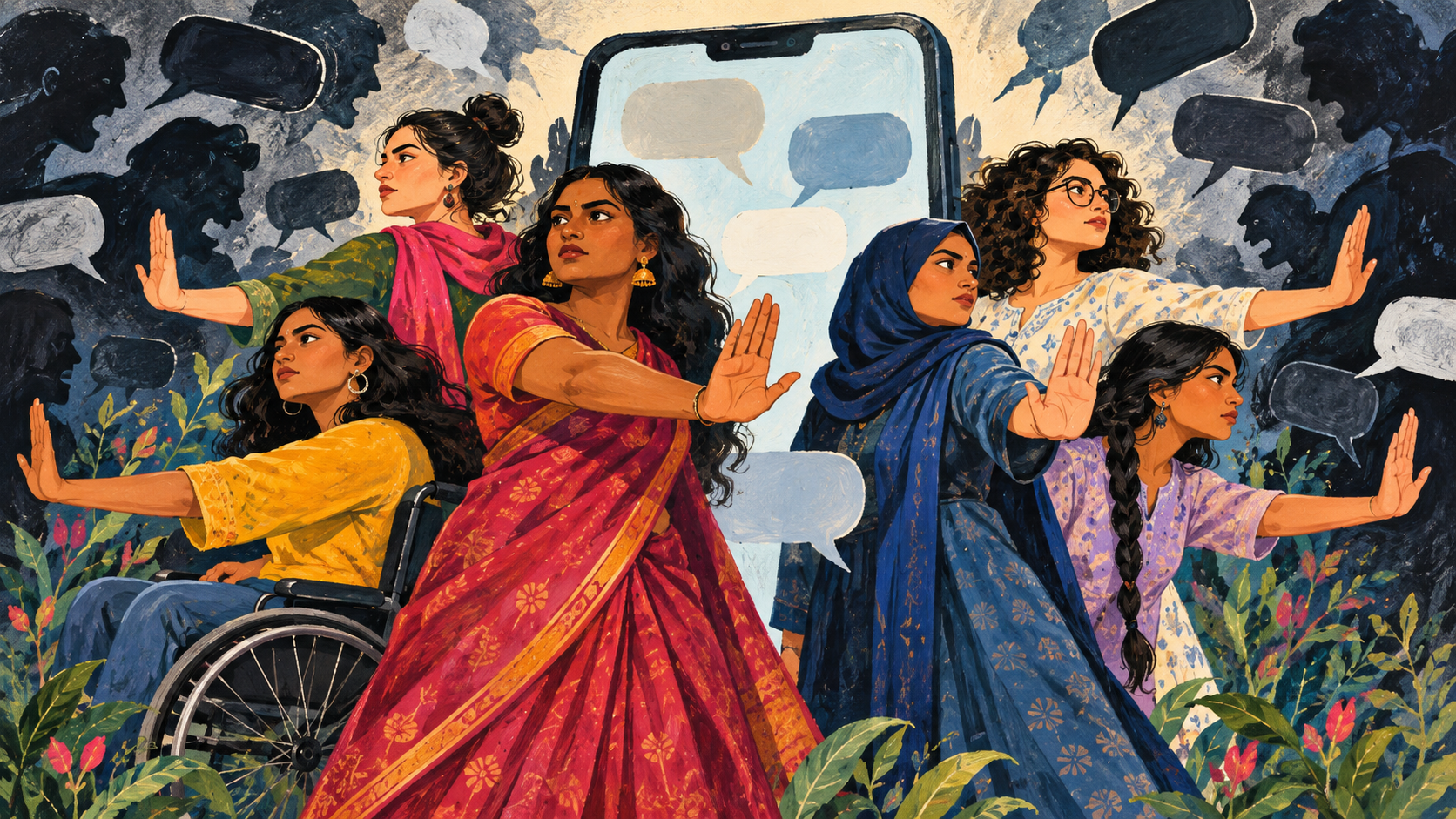 AI editorial illustration: A diverse group of women confidently setting boundaries around an oversized phone with abstract empty speech bubbles, solidarity against online harassment, no abuse text.