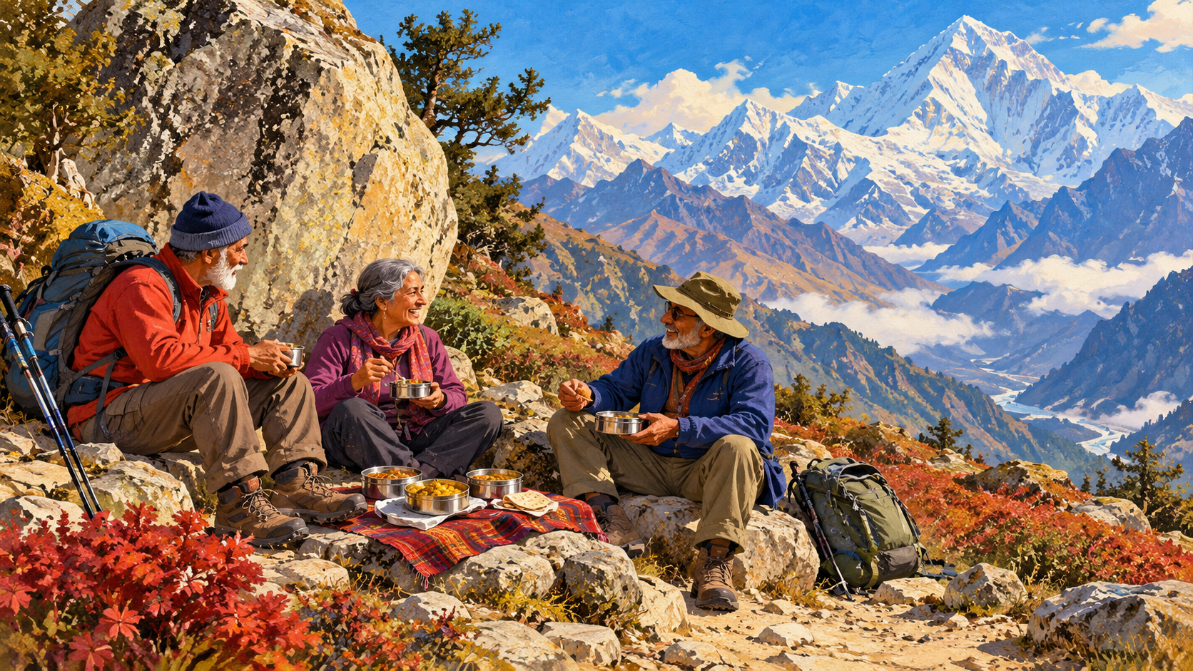 AI editorial illustration: Three older anonymous friends resting on a Himalayan trekking trail, sharing home-cooked food by an uninscribed boulder, snow peaks beyond.