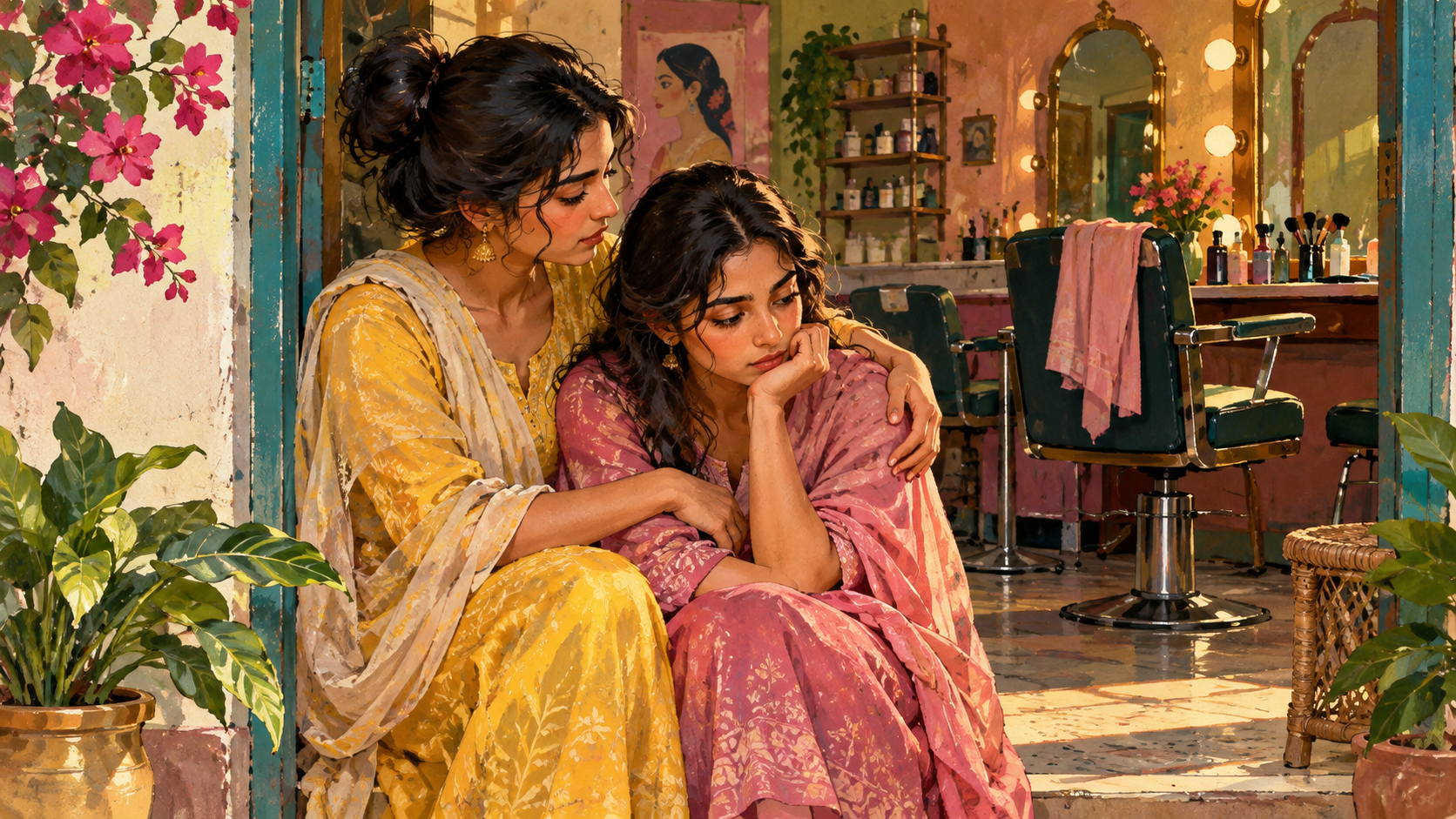 AI editorial illustration: Two anonymous sisters in a quiet beauty salon doorway, one gently supporting the other, emotional complexity and care.