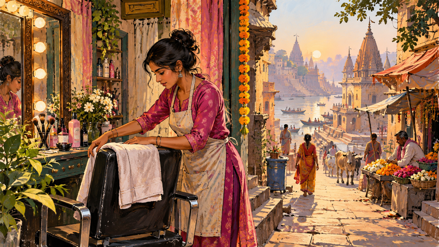AI editorial illustration: A hardworking anonymous woman opening a small beauty parlour on a Varanasi lane, morning shops and river-city architecture, responsibility and dignity.