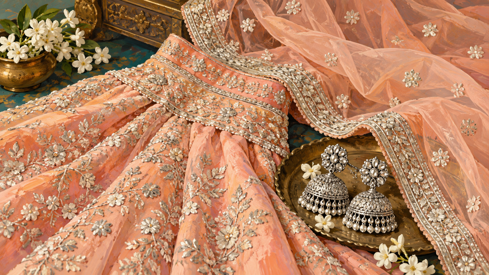 AI editorial illustration: Close editorial still life of peach lehenga fabric, delicate silver embroidery, net dupatta and silver jhumka earrings, graceful traditional fashion.