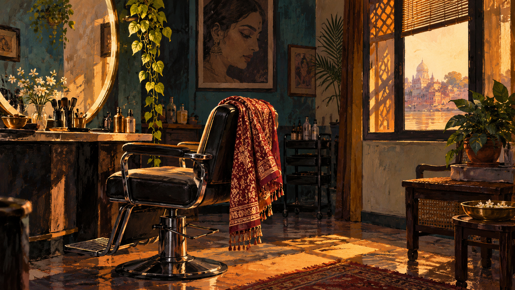 AI editorial illustration: Quiet salon interior after closing, empty chair, folded shawl and warm window light, introspection and grief; no suicide depiction or means.