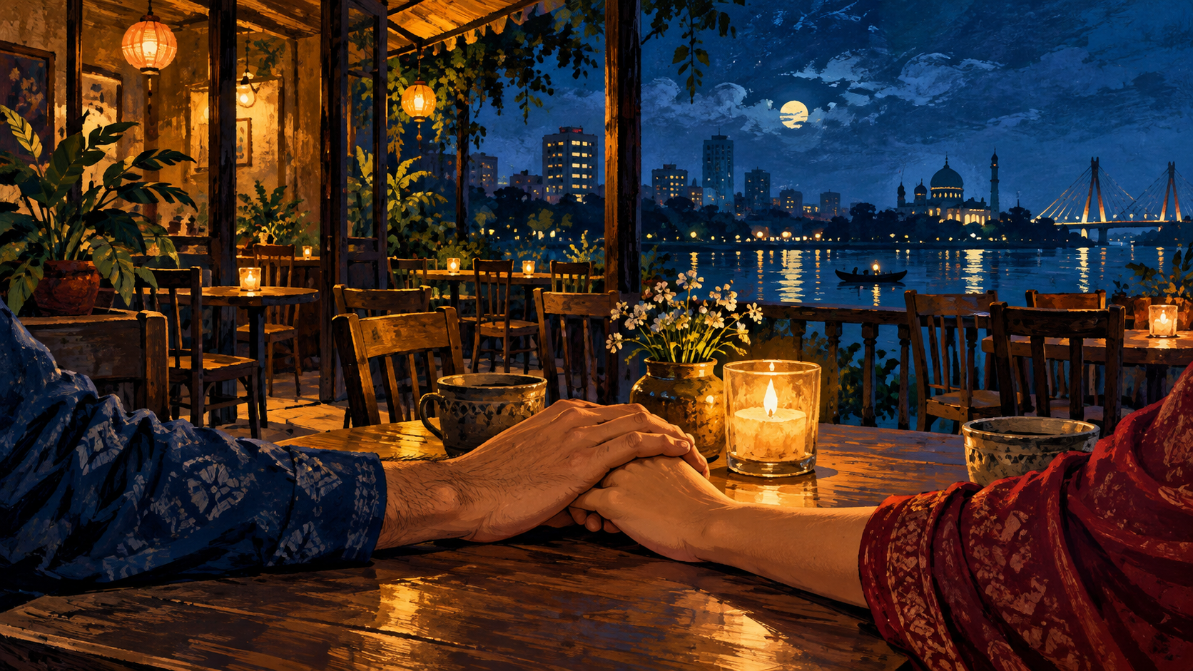 AI editorial illustration: A quiet Dhaka cafe at night, empty chairs and a lit candle beside two gently clasped hands, courage and solidarity under a dark blue atmosphere, no attack depicted.