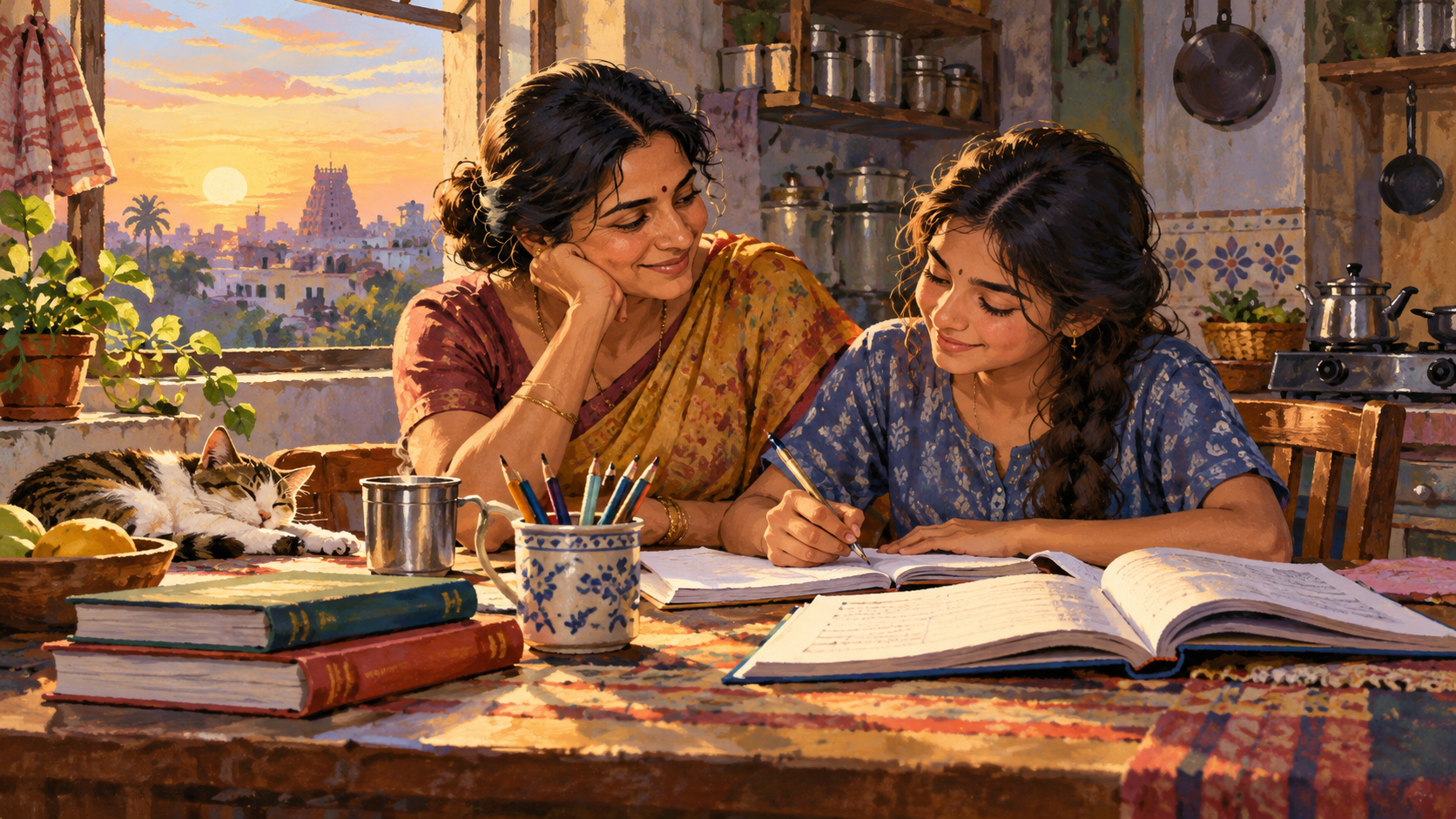 AI editorial illustration: A working Indian mother and teenage daughter studying together at a humble kitchen table, books and pencils, dawn through window, warm bond and educational ambition.