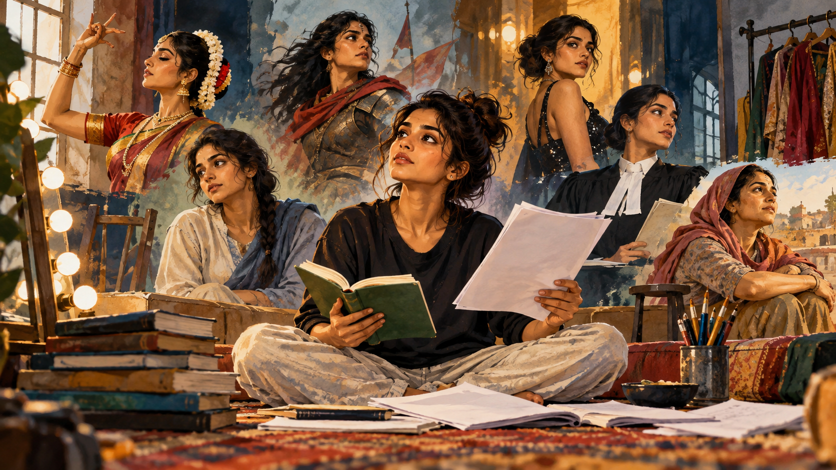 AI editorial illustration: An anonymous young Indian actress rehearsing varied roles in a studio with a schoolbook and unmarked scripts, determined growth outside her comfort zone.