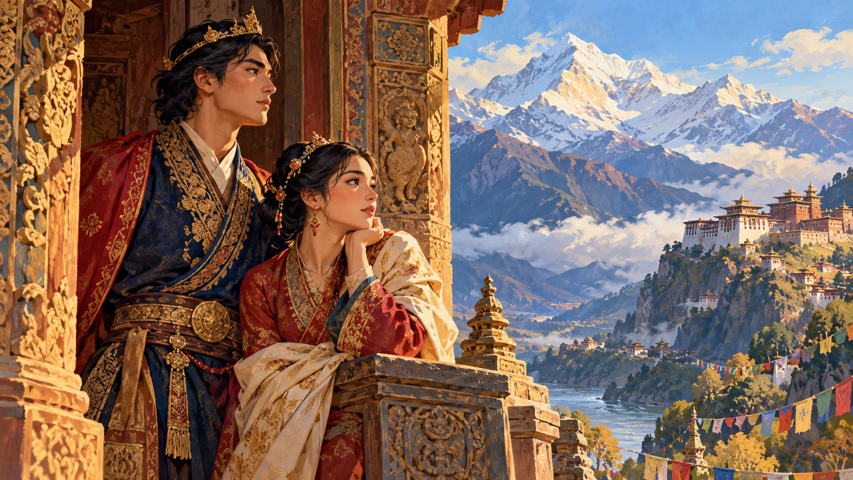 AI editorial illustration: An anonymous young royal couple in a fictional Himalayan kingdom, carved palace doorway and snowy peaks, epic Nepali romance and question of duty to the throne, no real actors or poster imitation.