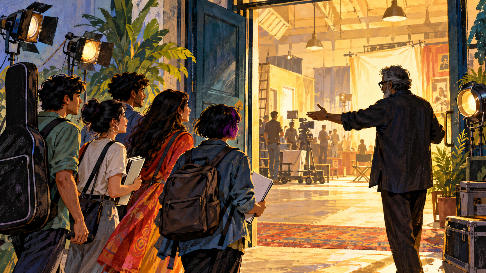 AI editorial illustration: Film industry mentorship: experienced anonymous director welcoming diverse new young actors, writers and musicians into an open studio doorway, opportunity.