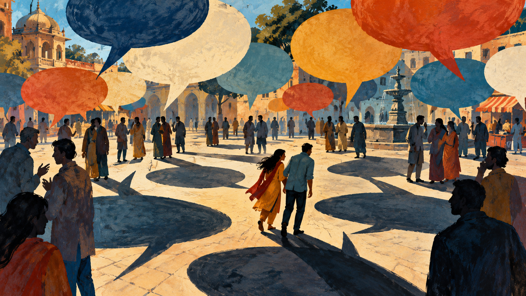 AI editorial illustration: Rumour spreading metaphor: anonymous people in a town square surrounded by abstract empty speech bubbles that cast outsized shadows, two figures seeking a safe path.