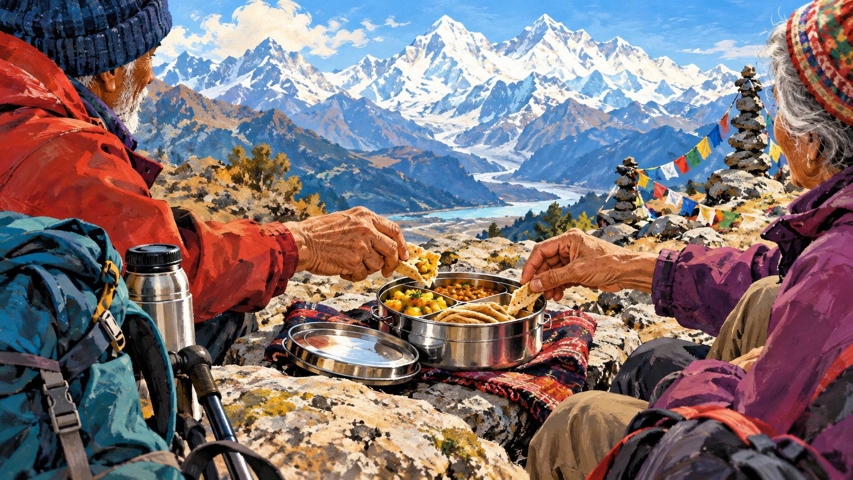 AI editorial illustration: Hands of older trekkers sharing a steel lunchbox on a rock with snowy Himalayan scenery, friendship and care.