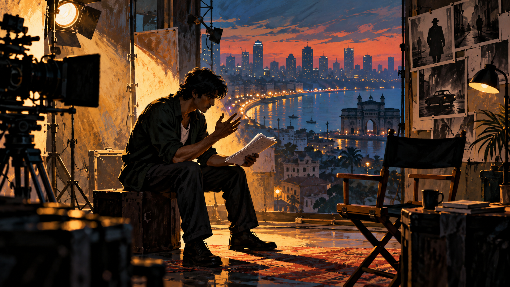 AI editorial illustration: An anonymous aspiring actor rehearsing in a noir-lit studio, director's chair and camera visible, atmospheric Mumbai urban backdrop, learning a crime-film role.