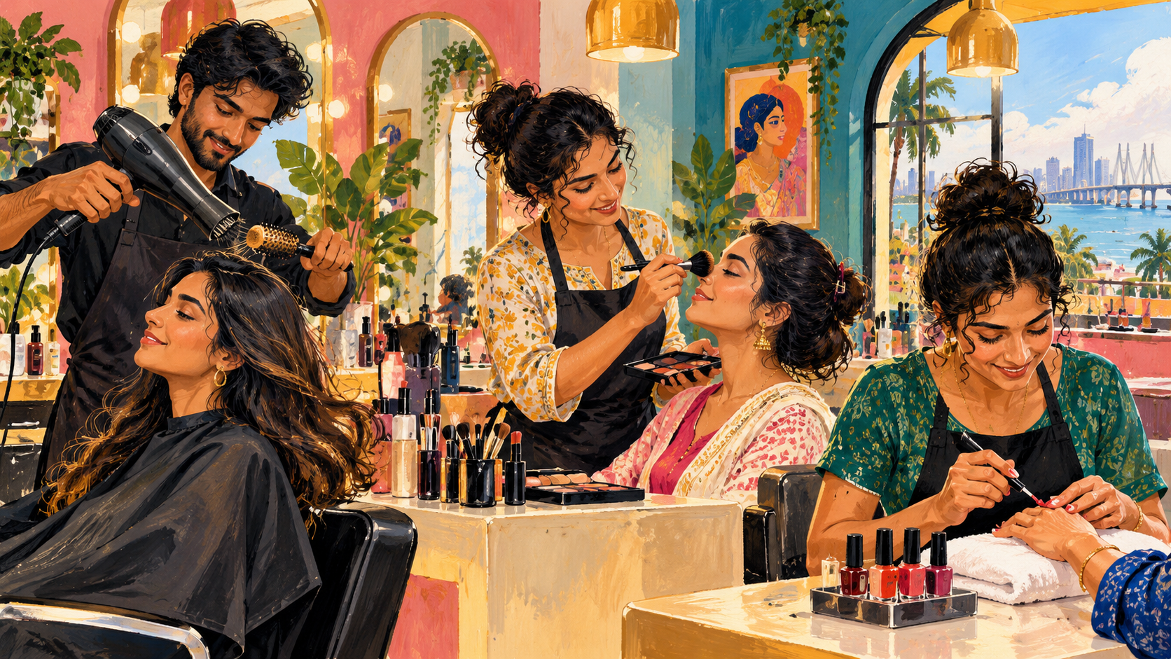 AI editorial illustration: Three anonymous adults learning salon skills: blow dryer, makeup brush and nail polish in colorful Mumbai beauty salon, welcoming and practical.