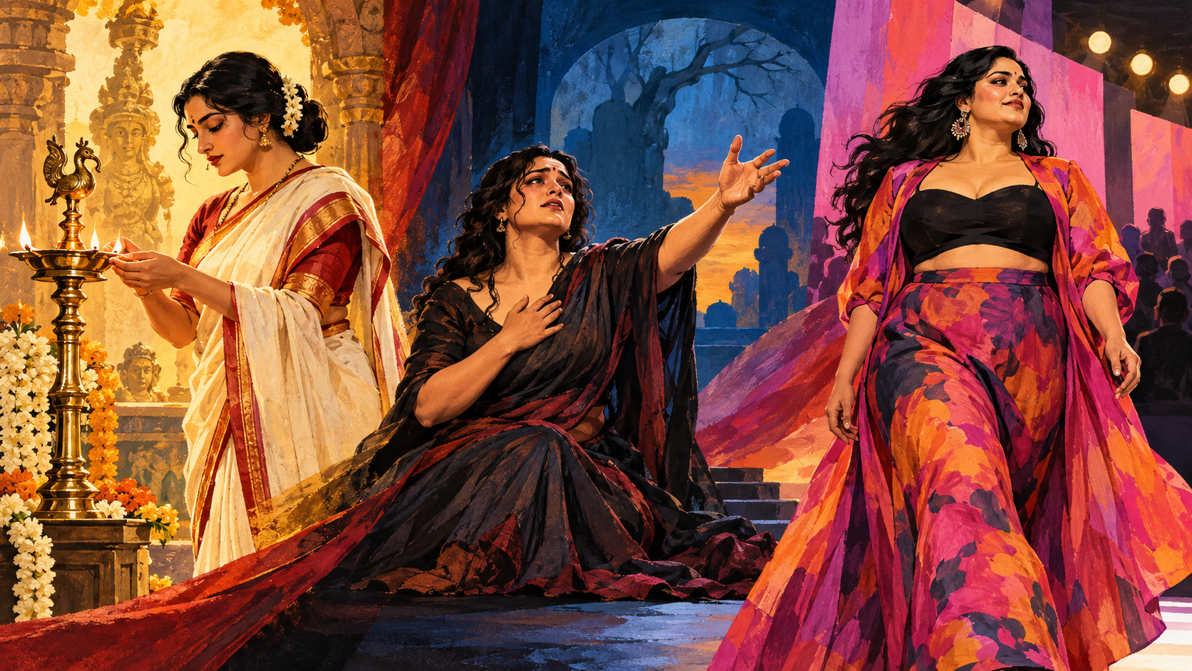AI editorial illustration: An anonymous Indian actress moving between three stage spaces: a ritual brass lamp suggesting a female priest role, an emotional dramatic stage, and a confident plus-size fashion silhouette. Concept of bold varied roles and rising career.