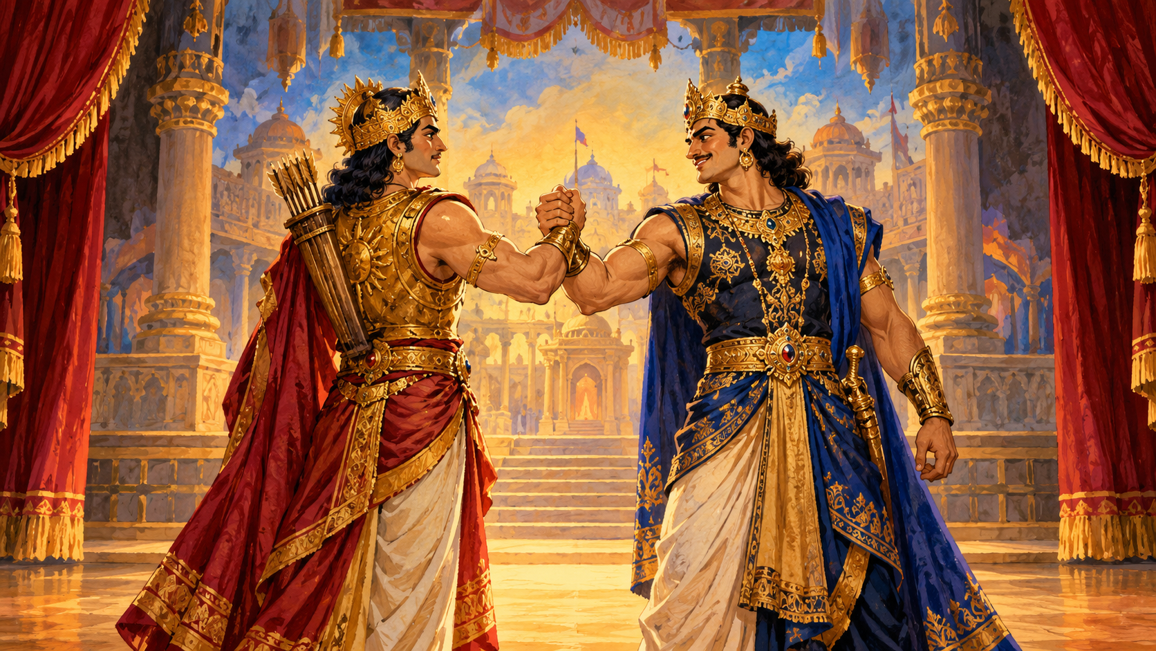 AI editorial illustration: A grand theatre stage interpreting the Mahabharata friendship of Karna and Duryodhana: two anonymous performers in ornate traditional epic costumes clasp forearms in friendship under golden stage light, painted palace backdrop and visible stage curtains, no battle.