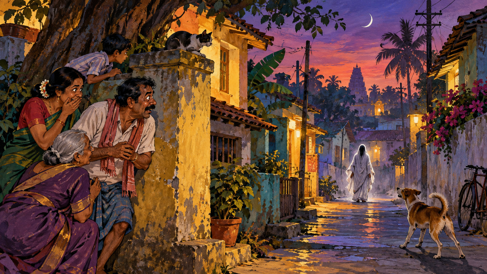 AI editorial illustration: A playful eerie Indian small-town lane at dusk, distant spectral draped silhouette and amused startled townspeople, horror-comedy anticipation, no poster imitation.