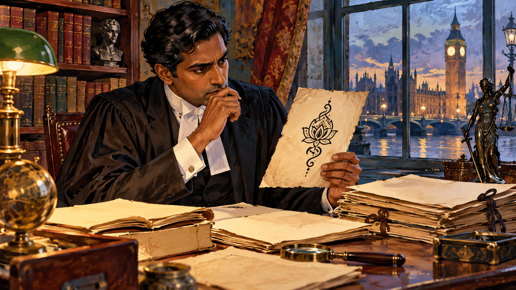AI editorial illustration: Anonymous Indian barrister character examining an abstract tattoo motif clue and old blank case files in a London study, acting in a fictional crime mystery, no actor likeness.
