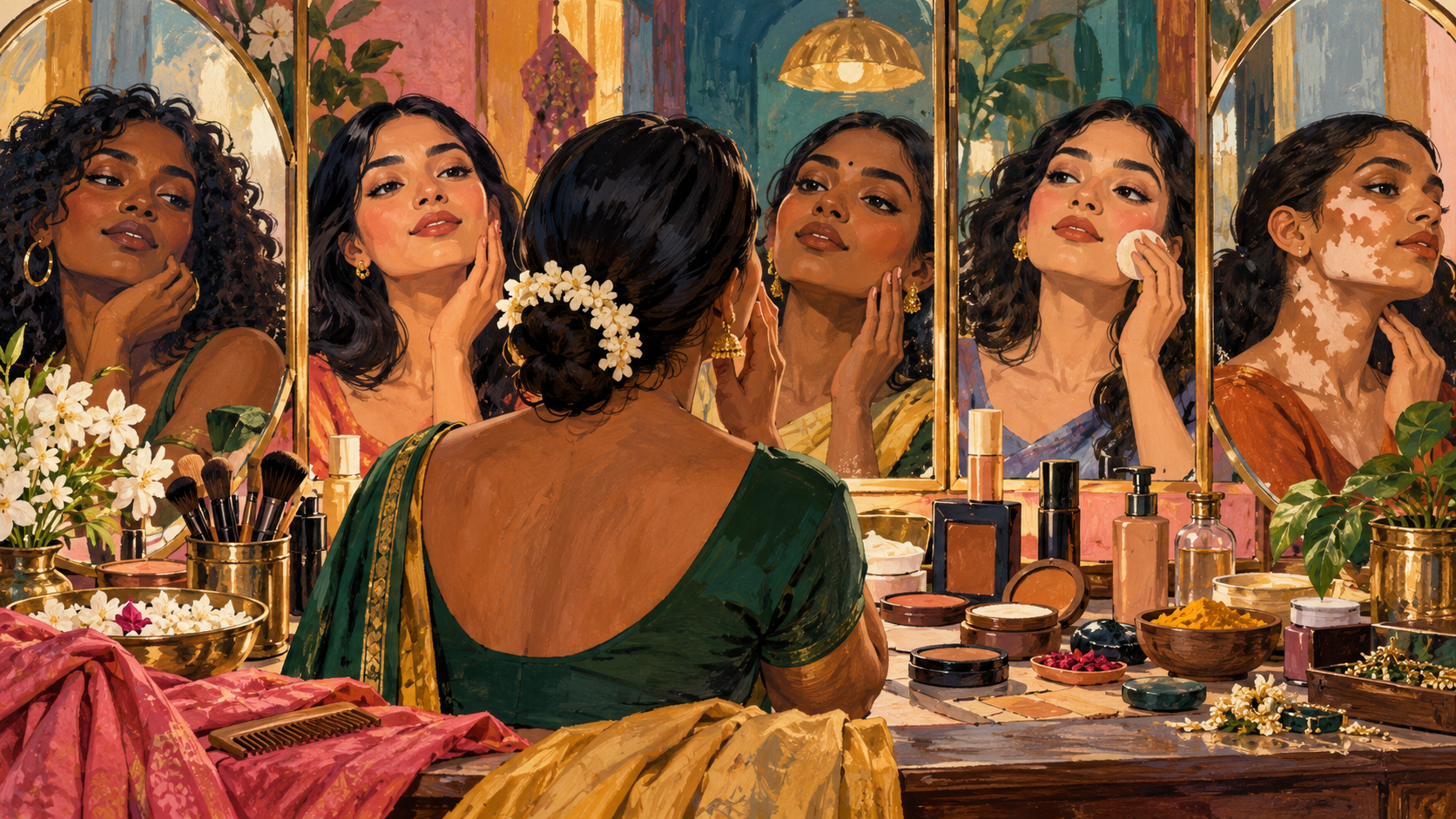 AI editorial illustration: Beauty parlour still life with mirrored reflections of varied natural skin tones and unbranded cosmetics, conceptual critique of colorism, respectful and balanced.