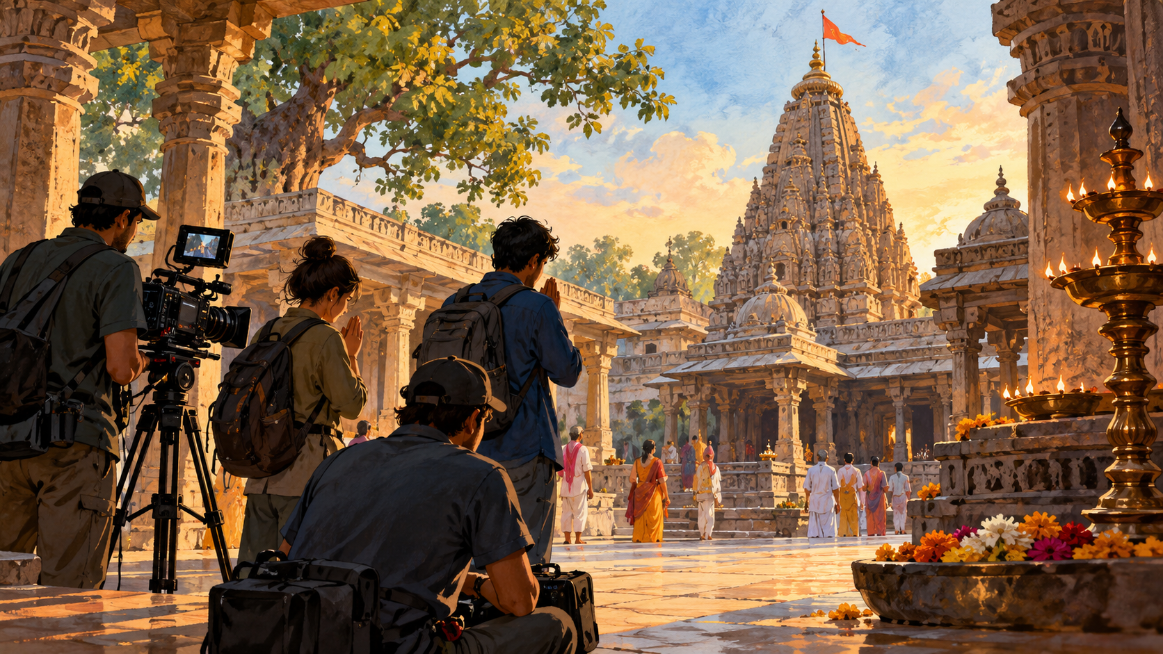 AI editorial illustration: Respectful visit to Ujjain temple architecture, anonymous film crew pausing in courtyard with folded hands, travel and blessings, no invented sacred details.