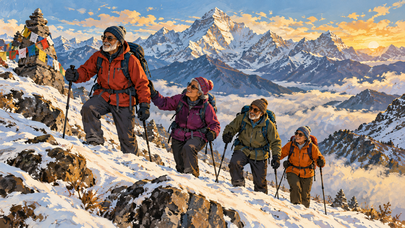 AI editorial illustration: Older anonymous hiking friends supporting one another on a snowy Himalayan slope, trekking poles, no resemblance to actors.
