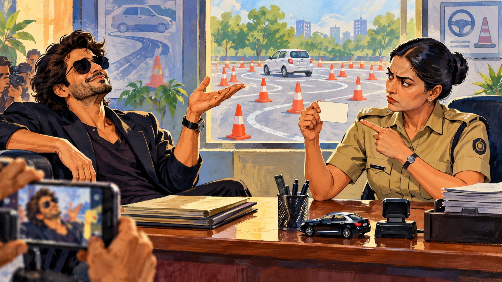 AI editorial illustration: Fictional comic face-off between an anonymous movie star and traffic licensing official across an office desk, blank license card, phone camera and test-course cones, humorous ego conflict.