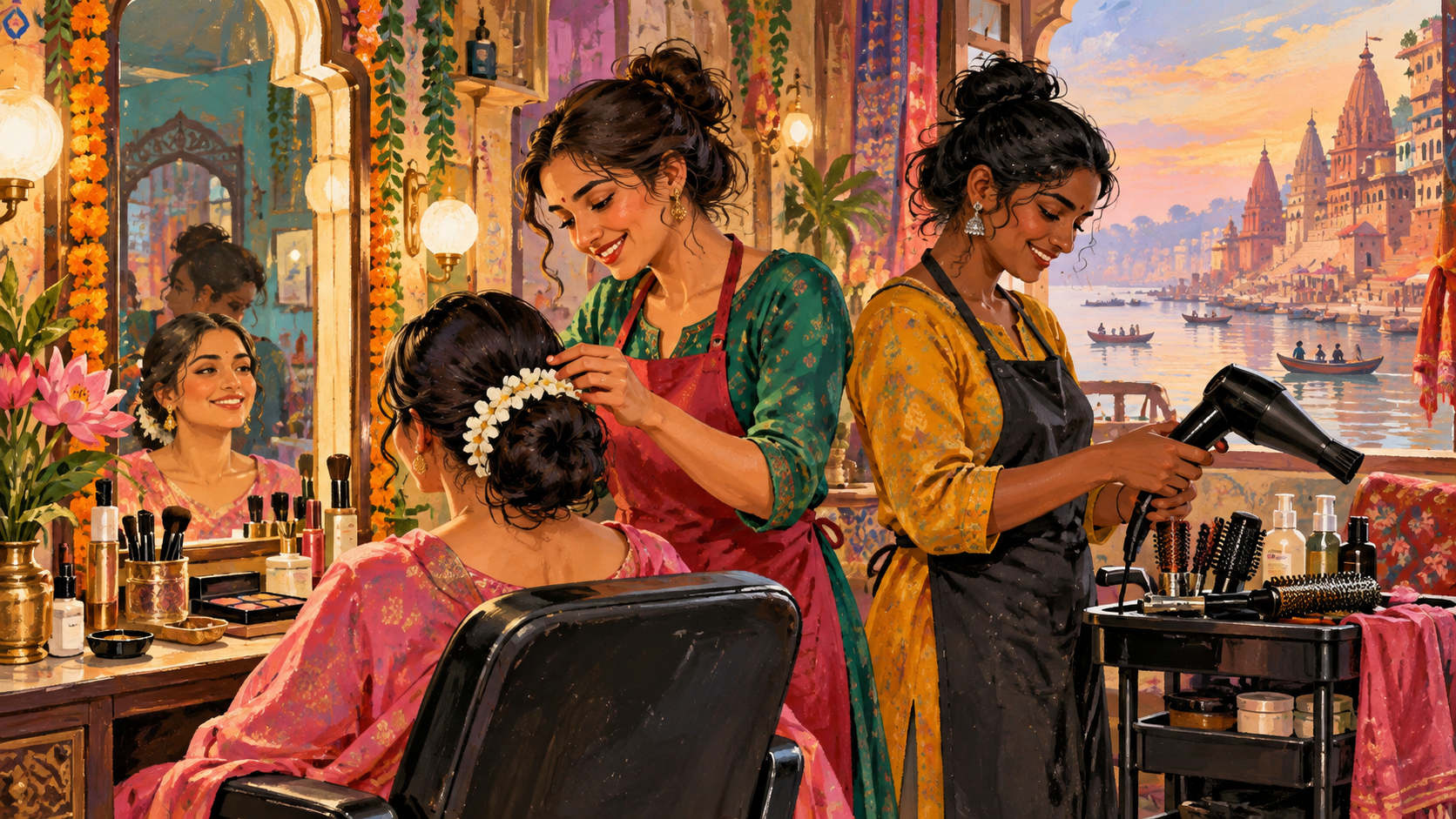 AI editorial illustration: Two anonymous Indian sisters working together in a colorful Varanasi beauty parlour, different natural skin tones treated with equal dignity, mirrors and styling tools.
