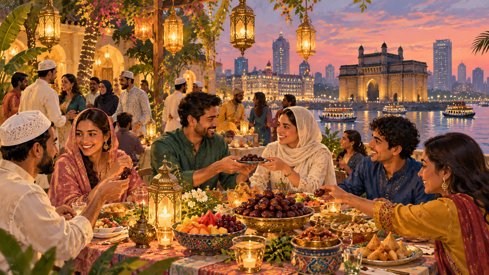 AI editorial illustration: Elegant Mumbai iftar gathering, dates, fruit and shared platters under lanterns, diverse guests meeting warmly in festive evening light.