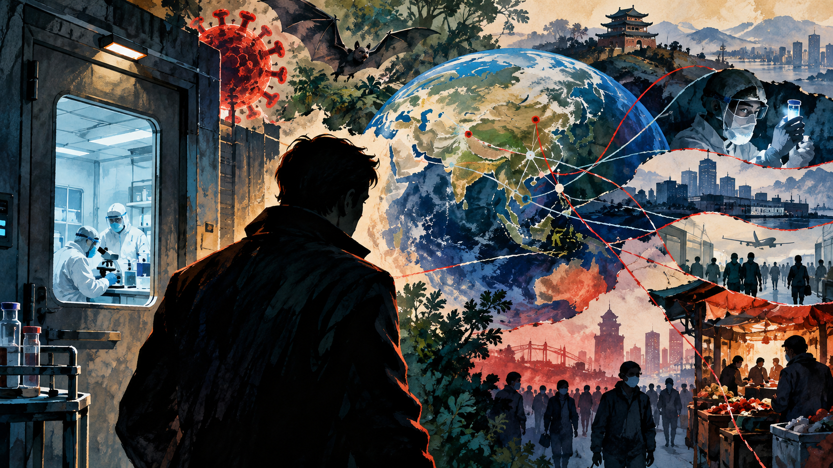 AI editorial illustration: Fictional espionage thriller development: shadowed investigator silhouette, a laboratory door, abstract globe and branching mystery threads. Frame as imagined film concept about disputed pandemic origins, no assertion of lab leak truth.