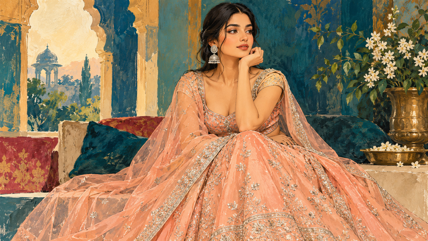 AI editorial illustration: Anonymous fashion figure in peach lehenga with silver embroidery and net dupatta, middle-parted hair and jhumka earrings, elegant illustrated studio pose.