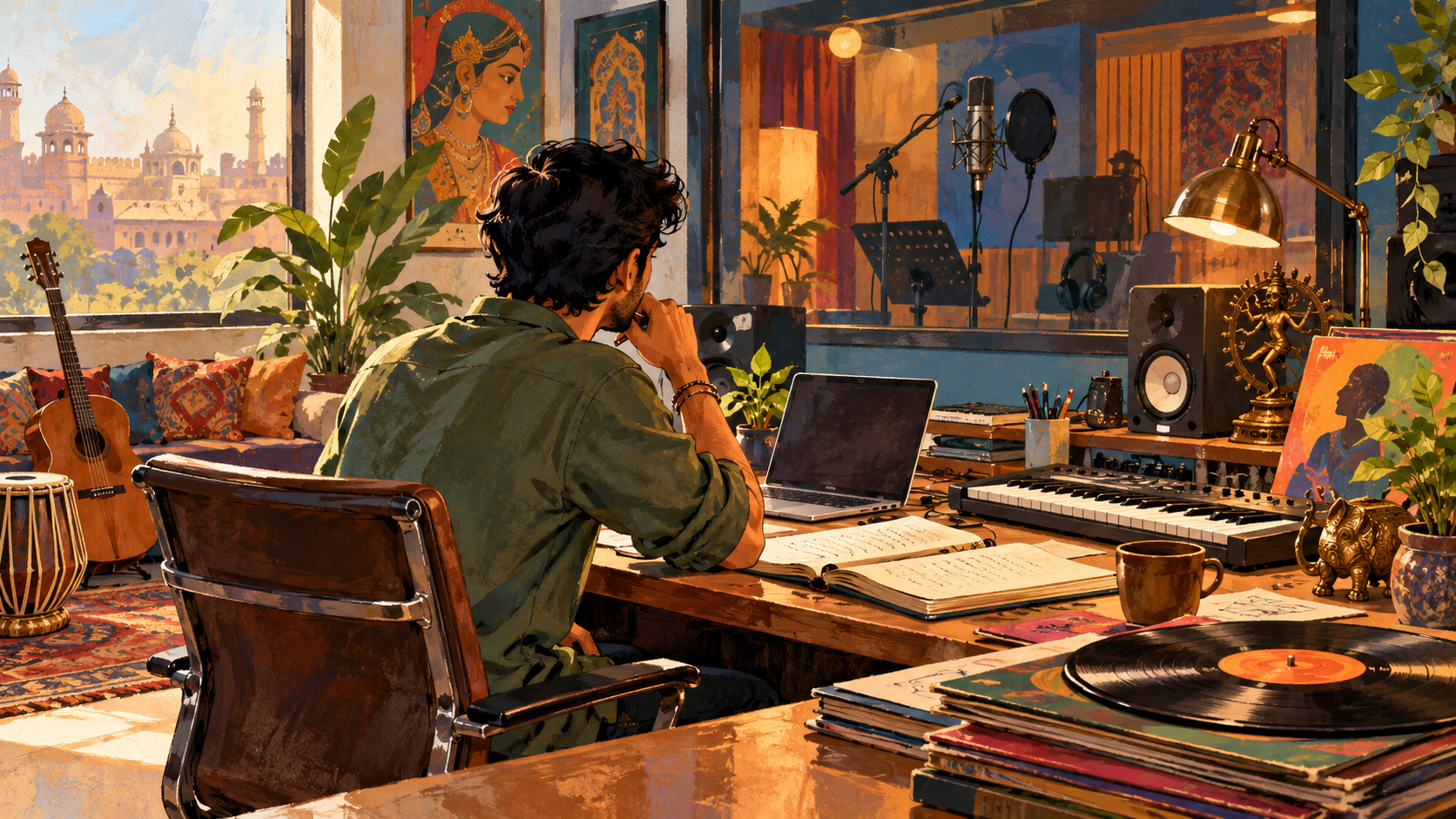 AI editorial illustration: Young anonymous Indian music entrepreneur at a desk adjoining a recording studio, microphone, keyboard and vinyl discs, merging songwriting and business leadership.