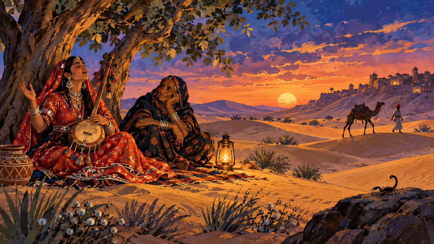 AI editorial illustration: Rajasthan desert at twilight, anonymous woman singer and older woman under a tree, a camel and trader distant on dunes, small symbolic scorpion foreground, lyrical folk-story mood.