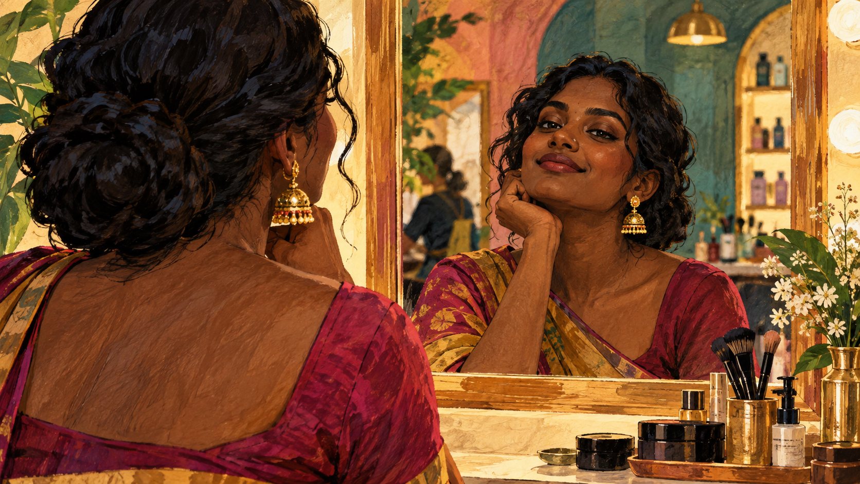 AI editorial illustration: Anonymous dark-skinned woman facing her reflection confidently in a salon mirror, warm light, self-worth despite social prejudice.