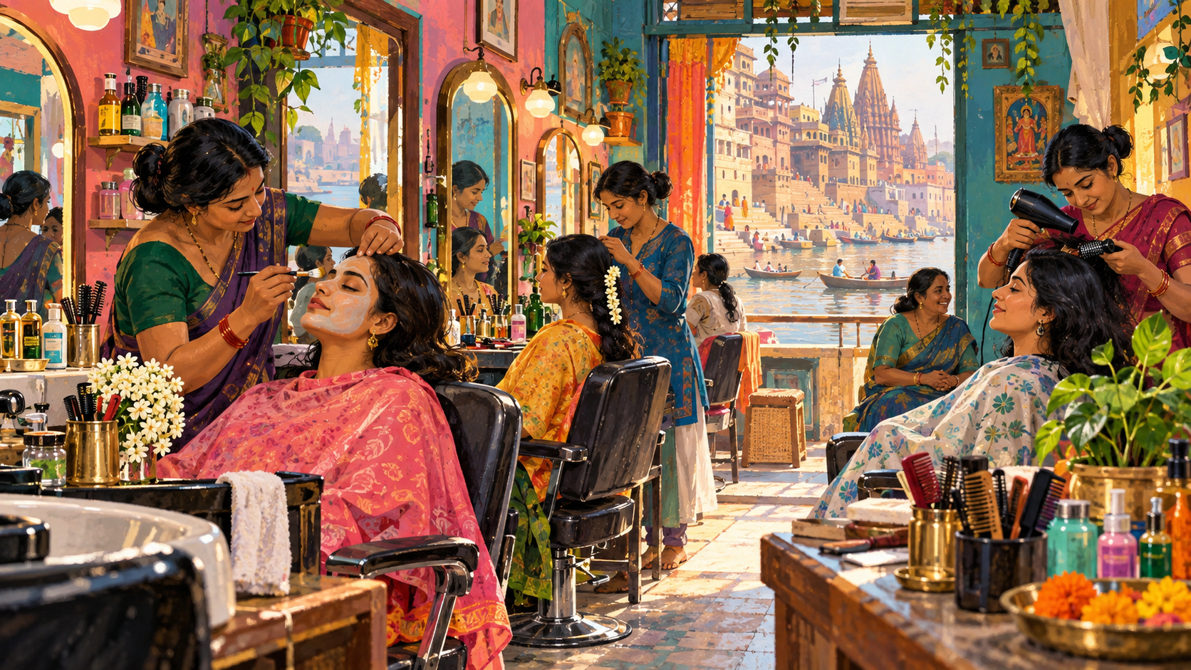 AI editorial illustration: A bustling small-town Varanasi beauty salon with staff and customers, colorful walls, mirrors and combs, everyday community.