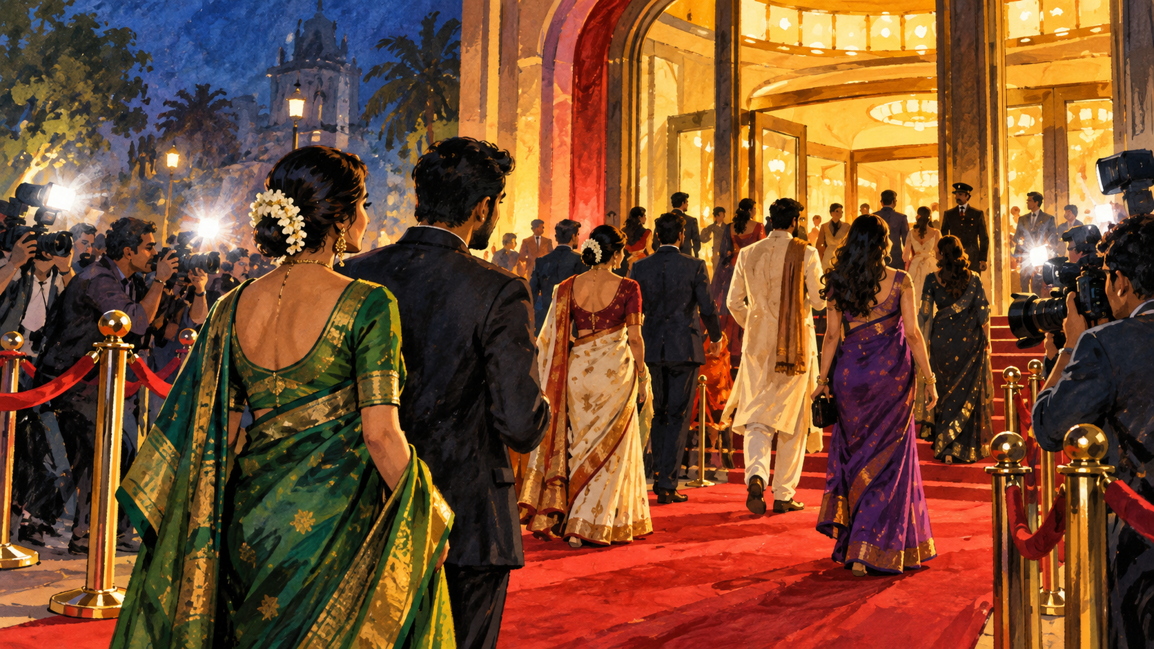 AI editorial illustration: A Marathi film premiere evening, anonymous guests on red carpet at a cinema entrance, camera flashes, no posters or brands.