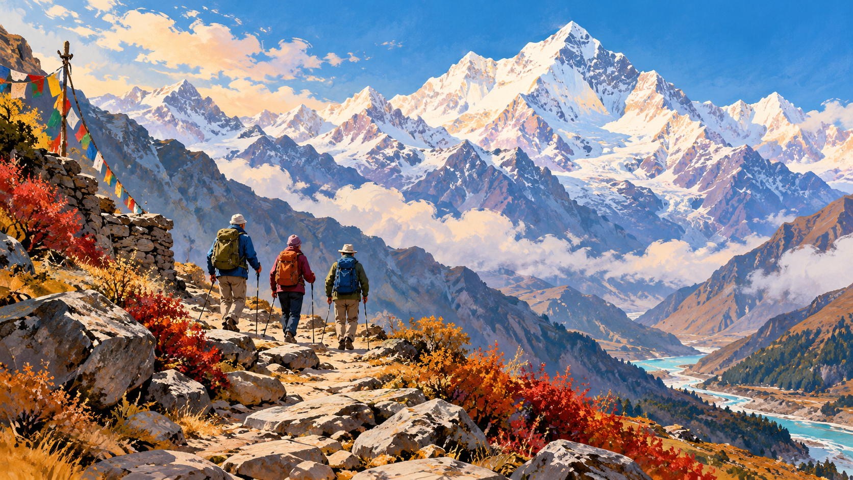 AI editorial illustration: A wide view of Himalayan trekking route with three tiny older friends walking toward a snowy peak, resilient friendship.