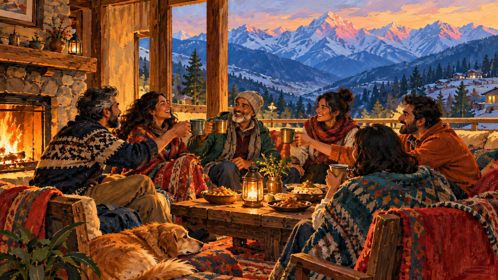 AI editorial illustration: An ensemble of anonymous mature friends celebrating together at a cozy mountain lodge, journey and friendship.