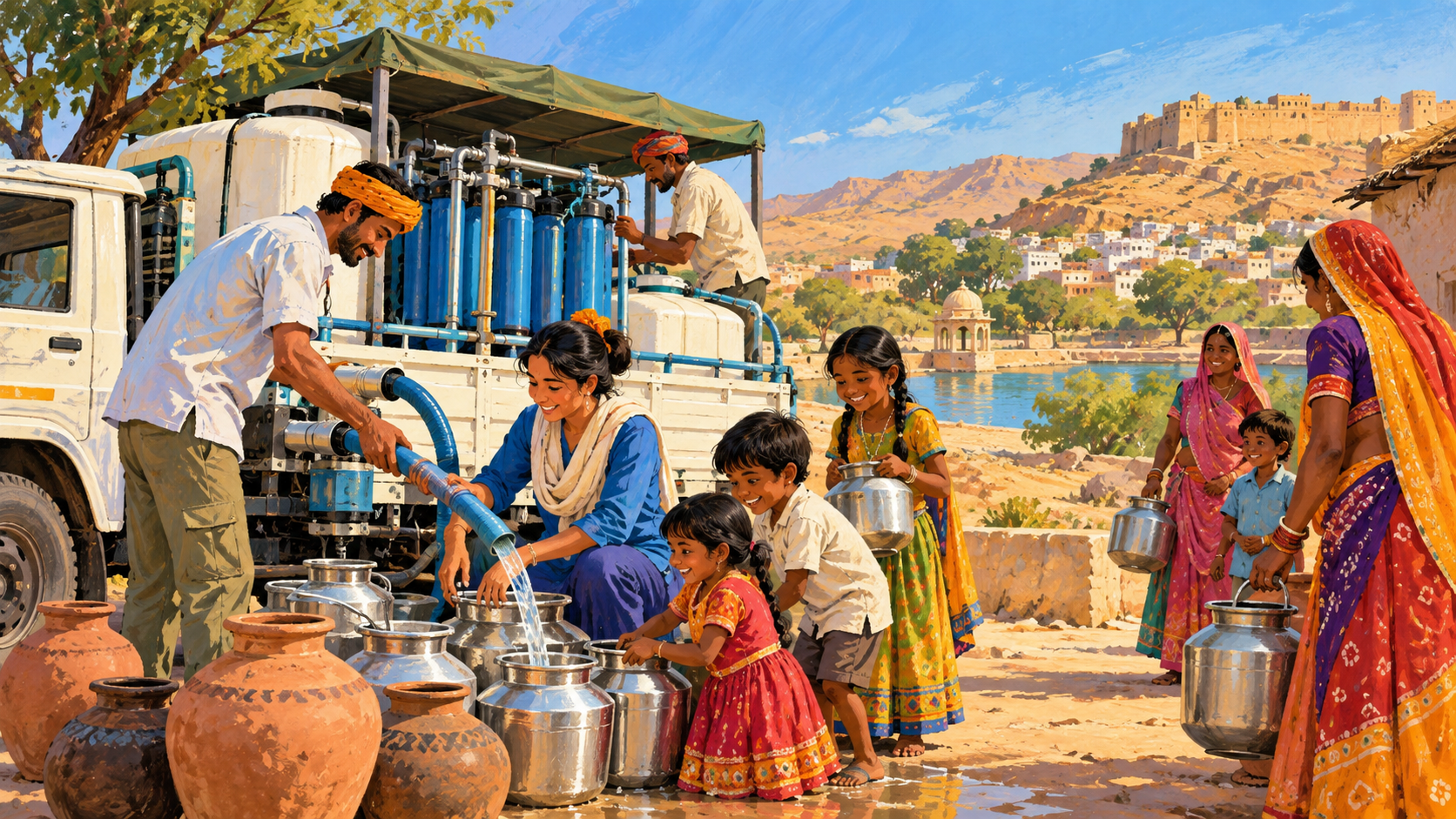 AI editorial illustration: Community clean-water project in Rajasthan: volunteers working beside a repurposed vehicle fitted with water equipment, children collecting clean water safely, hopeful.
