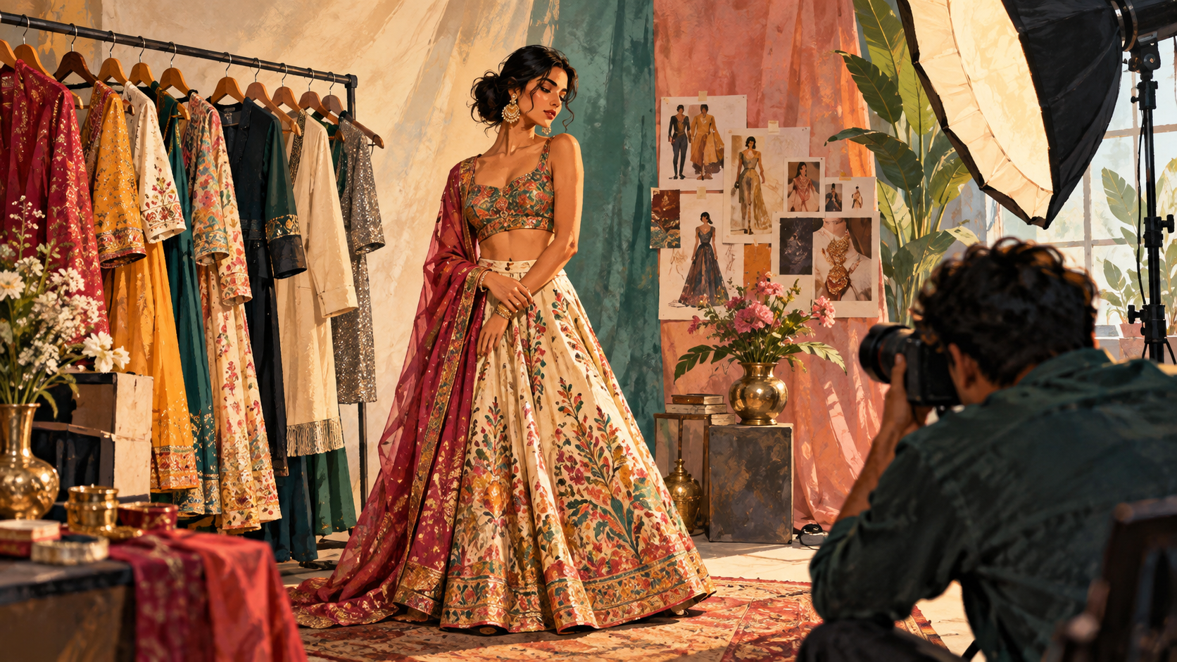 AI editorial illustration: Editorial fashion studio: anonymous Indian model with garment rack showing traditional and modern ensembles, photographer and softbox, stylish and graceful.