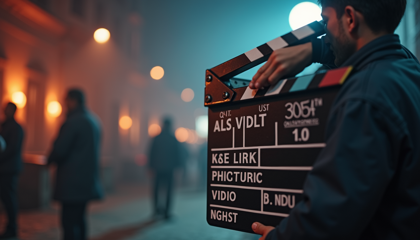 Close-up view of a film clapperboard on a set, symbolizing new movie releases