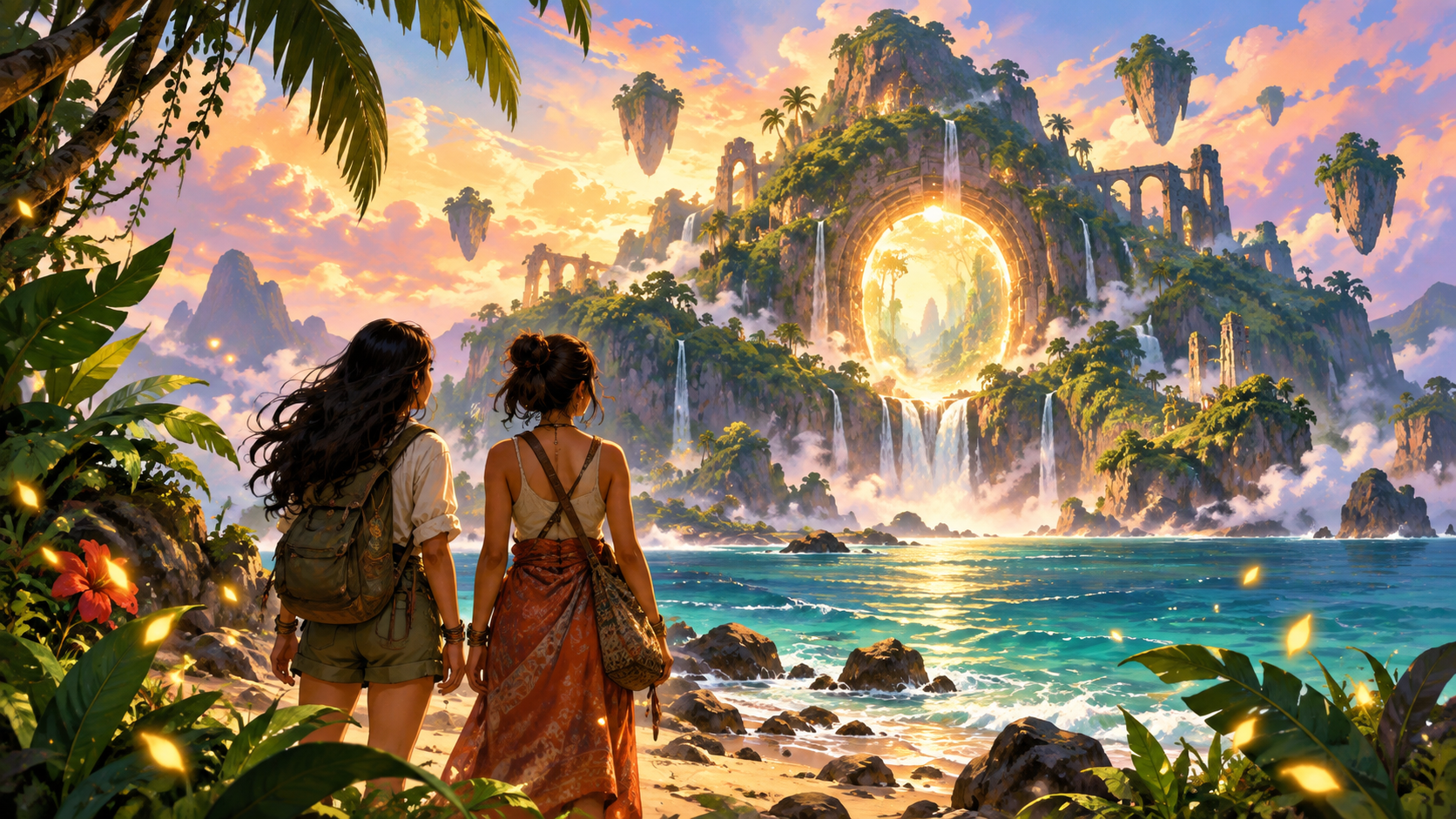 AI illustration of two friends facing a magical tropical island